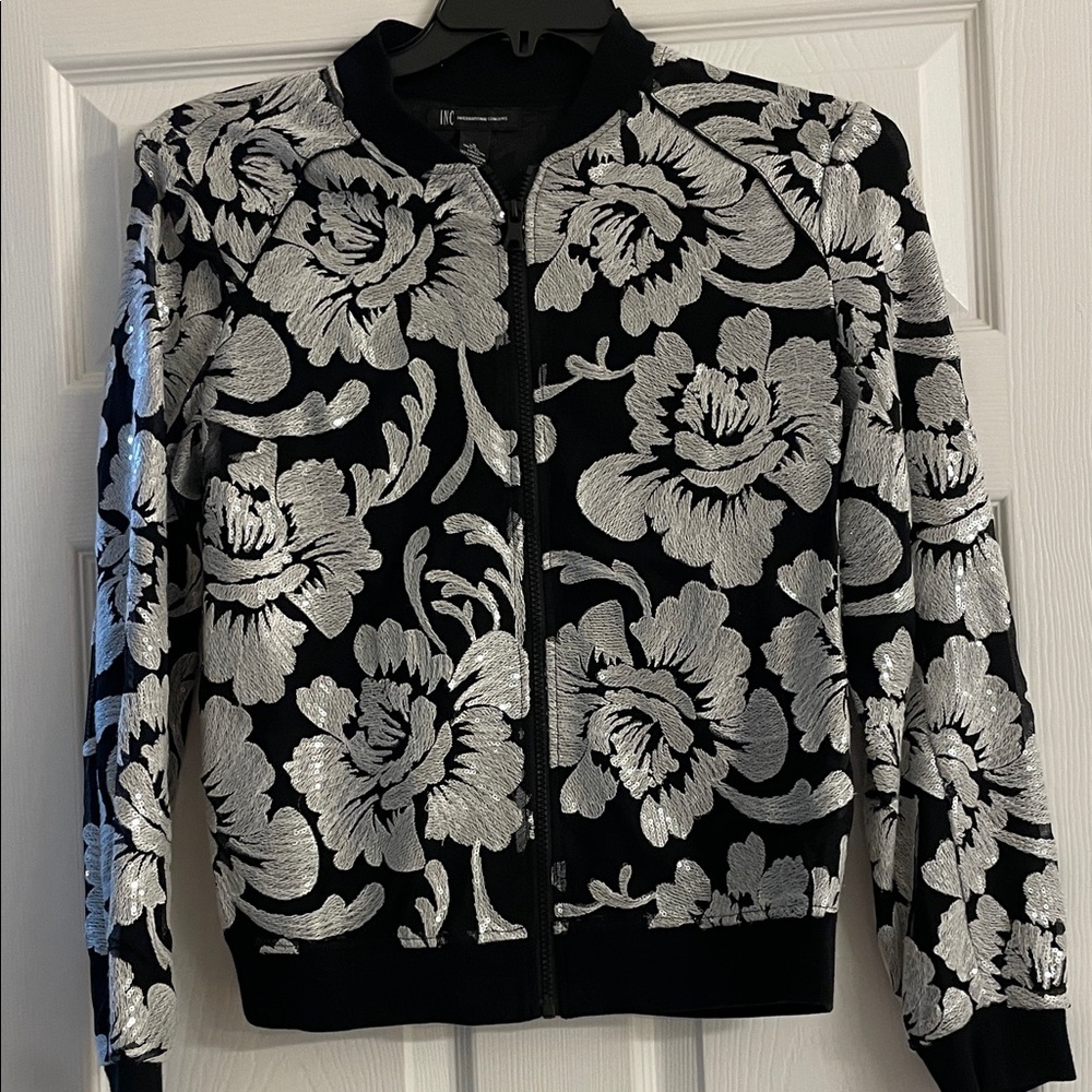 INC International Concepts Black and Silver Floral Bomber Jacket